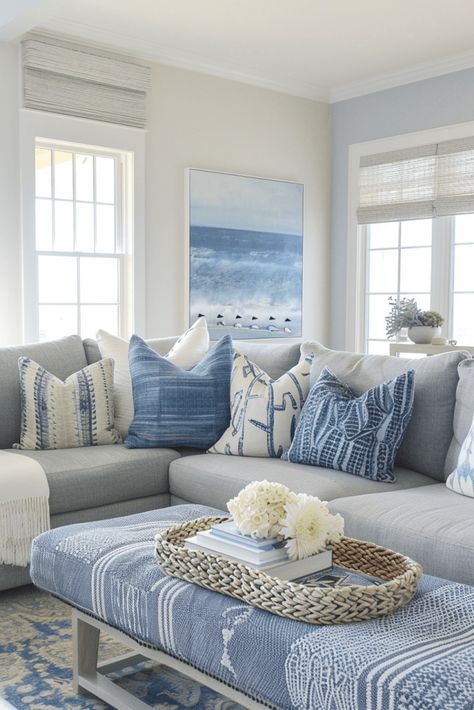 How to Design a Chic Living Room Around a Grey Sofa: 45+ Ideas! Coastal Living Room Grey Couch, Blue Grey White Living Room, Living Room Setups, Closet Offices, Cozy Coastal Living Room, Blue Grey Living Room, Gray Sofa Living, Sunroom Decor, Amazing Interior Design