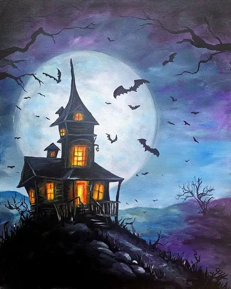 Haunted HouseMichelle Class Painting, Halloween Canvas Art, Haunted Tree, Scrape Painting, Spooky House, Colors Art, Painting Classes, Fall Watercolor, Halloween Painting