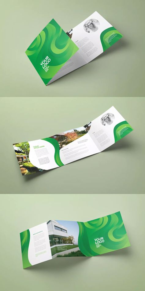 Square Modern Abstract Green Trifold Brochure Template INDD Eco Brochure Design, Minimalistic Brochure Design, Modern Trifold Brochure Design, Green Brochure Design, Sales Brochure Design, Environmental Brochure, Landscape Brochure Design, Creative Brochure Design Ideas, Square Brochure Design