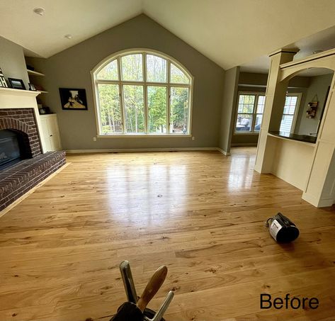 Wausau Living Room Yellow to Gray Hickory Hardwood Flooring Stain… Wausau Homes, Hickory Floors, Hickory Hardwood Flooring, Living Room Yellow, Hickory Hardwood Floors, Room Yellow, Hickory Flooring, Floor Stain, Garage Entry