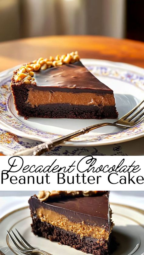 Enjoy this Rich Chocolate Peanut Butter Layer Cake, featuring moist chocolate cake and a smooth peanut butter frosting. Perfect for fall dessert ideas, it’s a delicious way to end a cozy autumn meal. Each slice is creamy, sweet, and a dream for chocolate-peanut butter fans! Choc Peanut Butter Cake, Reese's Peanut Butter Cake, Chocolate Peanutbutter Dessert, Tandy Cake Recipe, Peanut Butter Layer Cake, Tandy Cake, Reese Peanut Butter Cake, Fall Dessert Ideas, Peanut Butter Fudge Cake