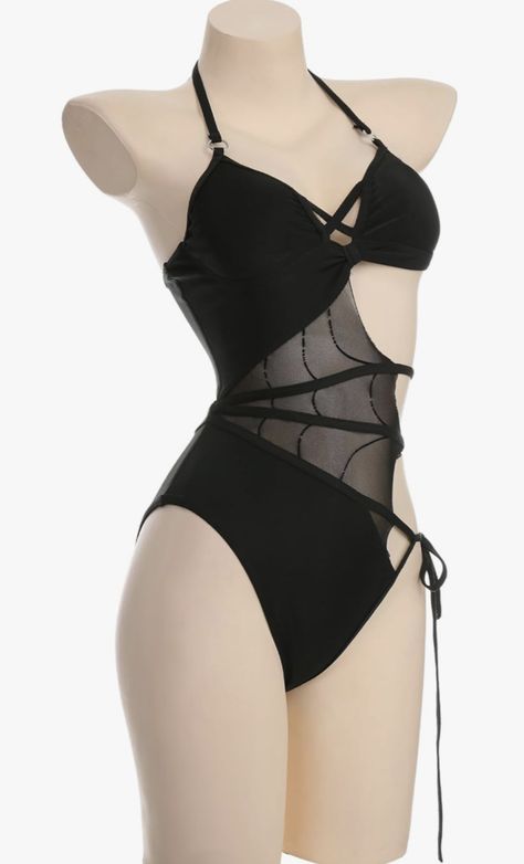 Black Spiderweb Gothic One Piece Swimsuit Gothic Bathing Suits, Gothic Swimsuit Bikinis, Black Bikinis, Gothic Swimwear, Bathing Suit Ideas, Gothic Swimsuit, Goth Bathing Suit, Swimsuits For Women, Two Piece Swimsuit