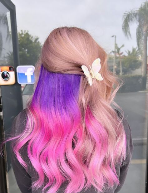 Pink And Purple Hair Peekaboo, Platinum Underneath Hair, Purple Hair Peekaboo, Pink Streaks In Blonde Hair, Rainbow Underneath Hair, Hair Color Peekaboo, Pink Underneath Hair, Purple Underneath Hair, Pink And Purple Hair