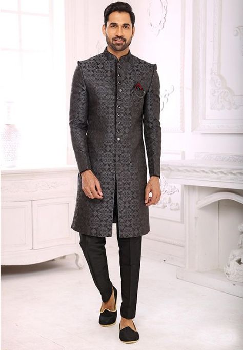 Grey Brocade Jacquard Nawabi Indo Western Indo Western Dress For Men, Indo Western For Men, Men Sherwani, Indo Western Sherwani, Angrakha Style, Mens Sherwani, Western Suits, Sherwani For Men, Celebrity Gowns