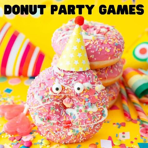 Donut Party Games Diy Donut Party, Fun Birthday Activities, Donut Grow Up Cake, Donut Theme Birthday Party, Recipe Donut, Up Cake Topper, Donut Games, Donut Birthday Party Decorations, Donut Party Ideas