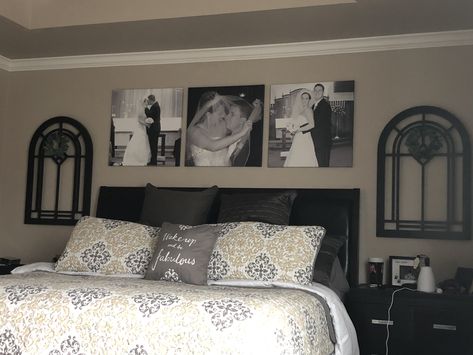 Master bedroom. Wedding photos above bed Wedding Pictures Above Bed, Wedding Photos Above Bed, Photos Above Bed, Couples Bedroom Wall Decor, Bedroom Wall Decor Above Bed, Wall Decor Above Bed, Decor Above Bed, Bedroom Ideas For Couples, Bed Wall Decor