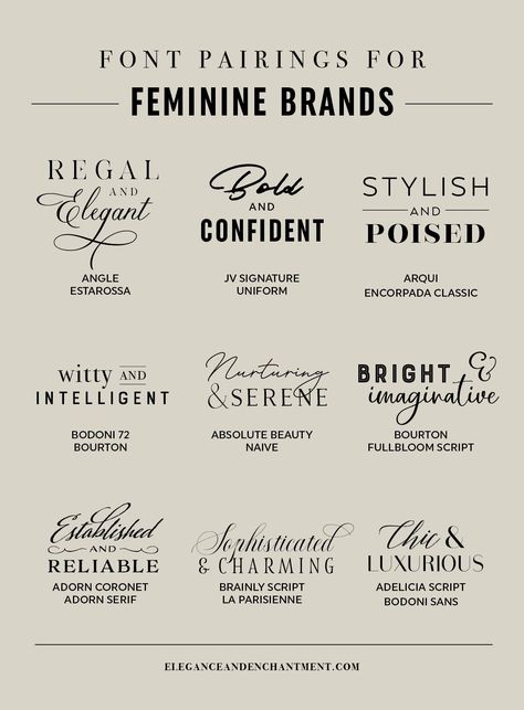 Nine font pairings for feminine brands to create logos, art prints, stationery, and more! From Elegance and Enchantment Luxury Brand Font Pairing, Font Pairing Modern, Font Pairing Logo, Light Blue Branding Design, Best Font Combinations, Free Font Pairings, Cookie Cart, Best Font Pairings, Canva Font Pairing