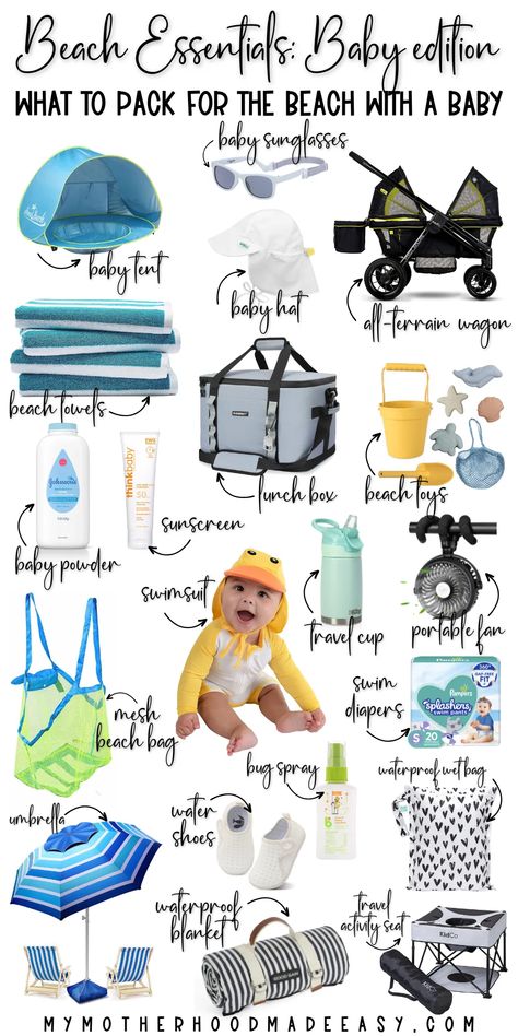 Travel Baby, Baby Summer, Baby Summer Must Haves, Beach Essentials For Families, Summer Baby Essentials, Baby Vacation Packing List, Beach Hacks For Toddlers, Traveling With A Baby, Beach Fun Ideas For Kids