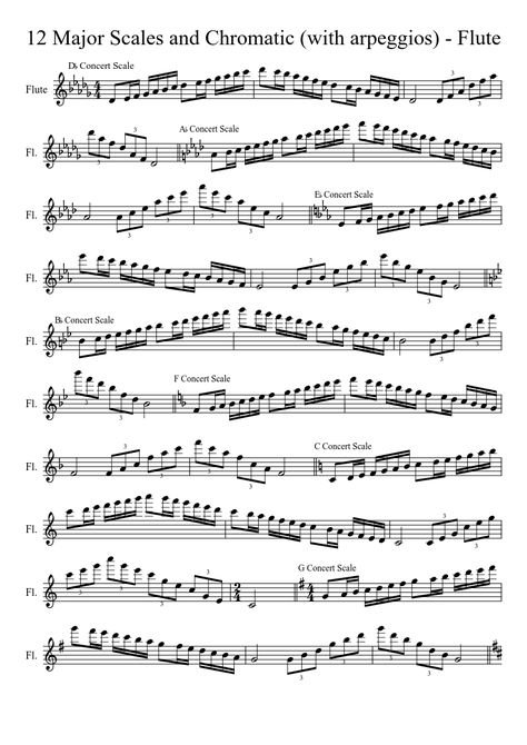 12 Major Scales with Arpeggios and Chromatic - Flute (Full Range) Sheet music for Flute (Solo) | Musescore.com Flute Exercises, Flute Practice, Flute Notes, Scale Music, Sheet Music For Flute, Flute Lessons, Piano Notes Songs, Music Tabs, Download Sheet Music