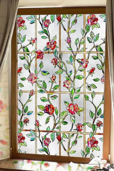 Amazon.com: Windimiley Stained Glass Window Privacy Film: 3D Rose Decorative Bathroom Frosted Window Clings Sun Heat Blocking Flower Window Tint for Home Non Adhesive Door Window Covering (17.5 x 40 in,Red) : Home & Kitchen Door Window Covering, Window Privacy Film, Decorating Hacks, Frosted Window, Stained Glass Rose, Stained Glass Window Film, Window Projects, Rose Window, Bakery Ideas