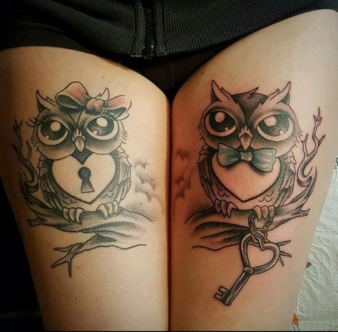 Owl lock and key thigh tattoos Lock And Key Tattoo Designs, Lock And Key Tattoo, Couple Tats, Tattoo Couples, Key Tattoo Designs, Him And Her Tattoos, Couple Tattoos Love, Cute Owl Tattoo, Couple Tattoo Ideas