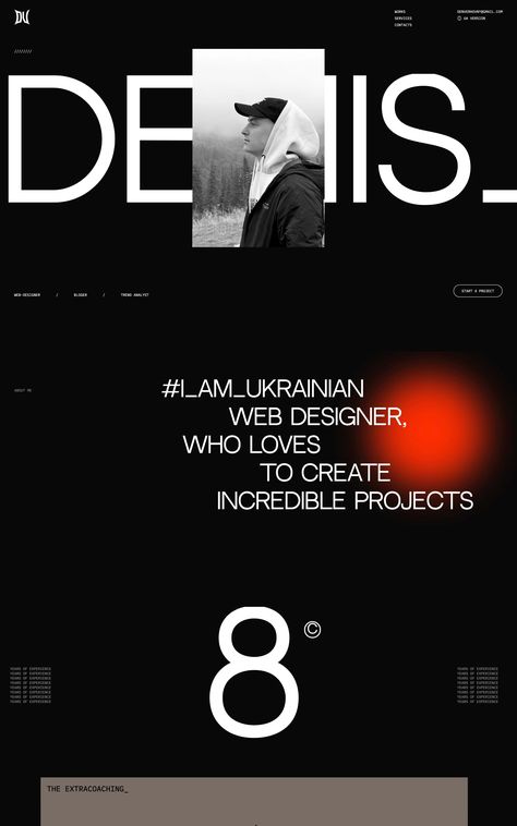 Slick, dark-schemed One Page portfolio for Ukrainian web designer and YouTuber Denis Verholomchuk. Dark Portfolio Design, Ux Design Portfolio Website, Contemporary Web Design, Modern Minimal Web Design, Portfolio Website Design Layout, Web Design Dark, Portfolio Page Design, Red Web Design, Black Website Design