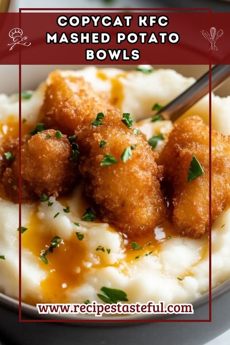 Enjoy the comforting flavors of KFC's famous Mashed Potato Bowls at home! This easy-to-make version combines crispy popcorn chicken, creamy mashed potatoes, rich gravy, sweet corn, and melted cheddar cheese for a satisfying meal the whole family will love. Chicken Gravey, Mashed Potato Bowls, Kfc Mashed Potatoes, Copycat Kfc, Potato Bowls, Potato Bowl, Cheese Mashed Potatoes, Popcorn Chicken, Mashed Potato Recipes