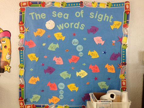 Week 1: Start a sight word bulletin board to use throughout the entire year (much cuter than a plain list :) ) Cvc Words Bulletin Board Ideas, Sight Words Board Decoration, Esl Bulletin Board Ideas Display, Sight Words Display Wall Ideas, Sight Word Wall Display, Sight Words Bulletin Board Ideas, Sight Word Bulletin Board Ideas, Sight Word Bulletin Board, Sight Word Board