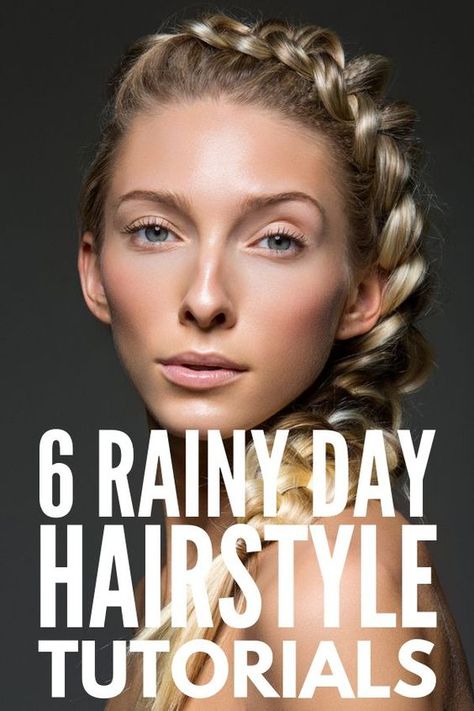 Rainy Day Hairstyles We Love | Does your hair get frizzy on hot, humid, and/or rainy days? Mine too! We’re sharing our best frizz fighting tips, hacks, products, and natural home remedies, as well as some super cute and easy hairstyles for short hair, shoulder-length hair, and for long hair. From the perfect updo, to messy buns, to adorable half up looks, to sleek braids, these styles and hair tutorials are perfect for work and for school! #frizzyhair #frizzyhairstyles #frizzyhairsolution Hair For A Rainy Day, Updo For Rainy Day, Easy Hairstyles For Windy Days, Rain Proof Hairstyles, Rainy Day Wedding Hair, Rainy Day Updo Hairstyles, Hairstyles For The Rain, Humid Day Hairstyles, Hair For Windy Days