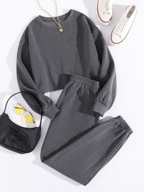 Grey Casual  Long Sleeve Polyester Plain   Slight Stretch Spring/Fall Women Co-ords Shein Picks, Elastic Waist Pants Outfit, Diy Vetement, Normal Clothes, Trending Fashion, Elastic Waist Pants, Womens Activewear, Two Piece Outfit, Long Sleeve Casual