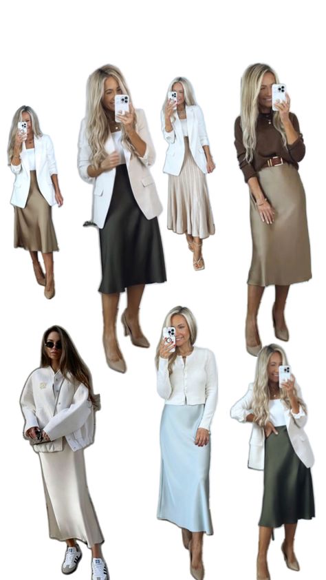 Blazer And Silk Skirt, Grey Silk Skirt Outfit, Long Skirt And Blazer Outfit, Long Silk Skirt Outfit, Green Silk Skirt, Silk Skirt Outfit, Neutral Silk, Long Silk Skirt, Silk Skirts