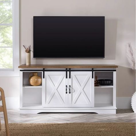 Woven Paths Farmhouse Sliding Barn Door TV Stand for TVs up to 65", White/Reclaimed Barnwood | Walmart (US) Sliding Door Tv Stand, Barn Door Tv, Modern Sliding Barn Door, Barn Door Tv Stand, Farmhouse Tv Stand, Cabinet Fronts, Modern Farmhouse Design, Tv Stand Wood, Cabinet Styles