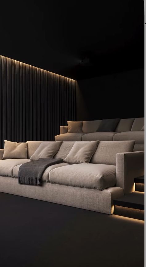 Neutral Theatre Room, Black Movie Room, Home Theater Aesthetic, Small Home Theater Room Design, Small Movie Room Ideas, Basement Cinema Room, Small Cinema Room, Small Home Theater Ideas, Modern Movie Room