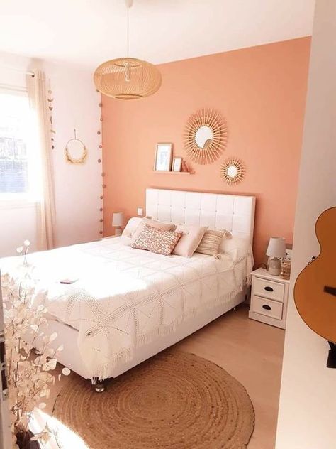 55 Vivacious Peach Fuzz Home Decor Ideas - Shelterness Salmon Bedroom, Peach Bedroom, Bedroom Wall Decor Above Bed, Coral Bedroom, Dark Bedroom Furniture, Pink Bedroom Decor, Bedroom Decor For Couples, Bedroom Orange, Bedroom Wall Colors