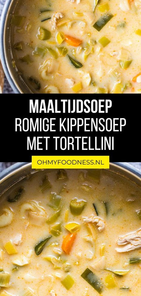 Maak deze romige kippensoep met tortellini. De makkelijke maaltijdsoep draai je snel in elkaar, zit boordevol groenten en vult dankzij de tortellini ook nog eens onwijs goed. En heb je geen tijd om overdag soep te maken voor ’s avonds, dan kun je hem ook prima de avond van tevoren al maken. Een makkelijk recept avondeten maar ook een lekkere stevige soep voor het weekend. Lees het kippensoep recept op mijn website | soep met pasta | kippensoep recepten | gevulde soep | maaltijdsoep recepten Delicious Soup, Tortellini, Chowder, Cooking And Baking, Stew, Slow Cooker, Oven, Cooking Recipes, Baking