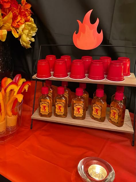 Fireball Birthday Ideas, Fireball Party Favors, Firehouse Birthday Party Ideas, Fireball Themed Birthday Party, Fire Theme Bachelorette Party, Adult Firefighter Party, Fireball Birthday Party, Spicy Birthday Theme, Fireball Themed Party