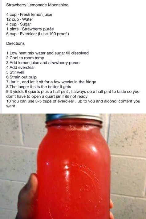 Strawberry Lemonade Moonshine Lemonade Moonshine Recipe, Strawberry Moonshine, Flavored Moonshine Recipes, Moonshine Drink Recipes, Homemade Moonshine, Moonshine Recipe, Homemade Alcohol, Homemade Liquor, Liquor Recipes