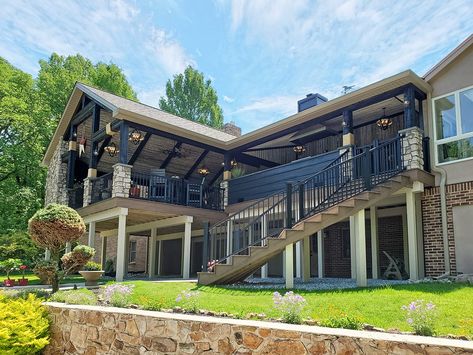 Open porches are the standard porch that many people envision when they want to cover their deck or patio. 2nd Story Covered Deck Ideas, Elevated Deck Ideas, Covered Deck Designs, Deck Addition, Vintage Porch, Patio Deck Designs, Deck Porch, Covered Deck, Deck Designs Backyard