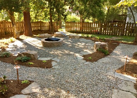 River Rock Patio Ideas, All Rock Backyard, River Rock Around Concrete Patio, Patio With Rocks, River Rock Patio With Fire Pit, Rock Backyard, River Rock Raised Garden Bed, Irregular Flagstone Patio, River Rock Patio