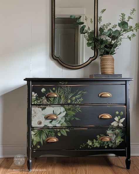 Re•design with Prima®️ | The “Froggy Green Meadows” large Décor Transfer® by Redesign with Prima® | Facebook Stencil Flowers, Painted Armoire, Black Drawer, Decor Transfers, Black Dresser, Black Dressers, Black Drawers, Large Decor, Painting Furniture