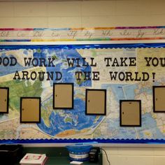 travel themed classroom - put maps behind plain blue/ lime pushpin papers to display work... Travel Bulletin Boards, Missions Bulletin Board, World Bulletin Board, Missions Conference, Explorer Theme, Travel Theme Classroom, Geography Classroom, World History Classroom, Around The World Theme