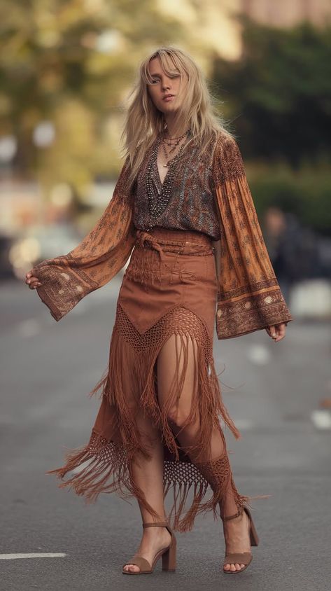 40+ Bohemian Travel Outfits For Your Next Adventure Rocker Boho Outfits, Gypsycore Fashion Aesthetic, Earthy Boho Outfits, Tyler Childers Concert, Sagittarius Style, 2025 Fits, Eclectic Outfits, Modern Hippie Style, Fringe Clothing