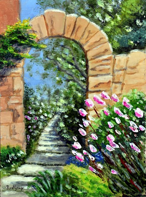 Archway Painting, Impression Landscape, Arch Painting, Garden Archway, Stone Archway, Floral Archway, Pen And Wash, Mural Ideas, Stone Arch