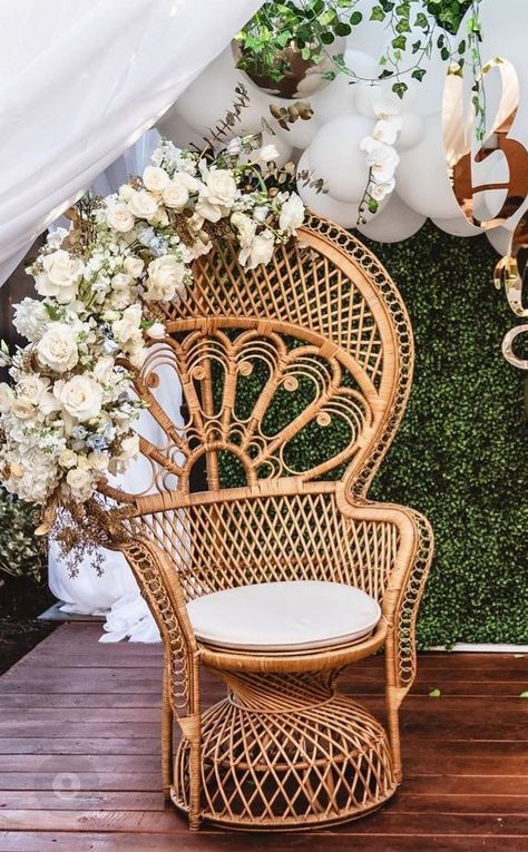 Wicker Chairs Wedding, Wicker Chair With Flowers, Bridal Shower Wicker Chair, Peacock Wicker Chair, Bridal Shower Peacock Chair, Peacock Chair Baby Shower Ideas, Peacock Chair Wedding, Coachella Bachelorette, Boho Peacock Chair