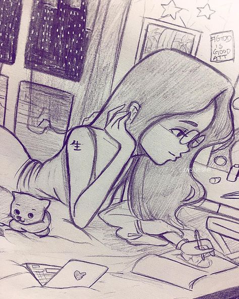 It feels good to just sit back and draw on those wonderful calm nights ✨🌙 Hope every one is enjoying there's. • • • • #sketch #art #draw #sketching #drawing #artist #sketches #draw #artwork #illustration #illustrator #love #happy #calm #peace #inspiration #instagood #instaart #goodnight #Godisgoodallthetime Girl Studying Drawing, Rawsueshii Drawings, Christina Lorre, Beautiful Pencil Drawings, Girl Drawing Sketches, Drawing Faces, Room Background, Girly Drawings, I'm Bored