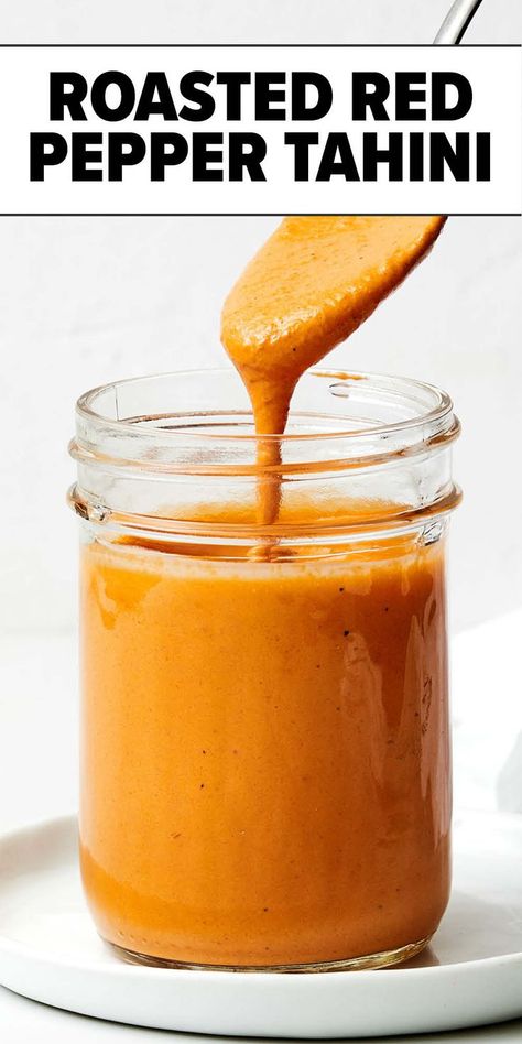 Roasted red pepper tahini sauce Red Pepper Salad Dressing, Roasted Red Peppers Recipes, Gluten Free Salad Dressing, Paleo Condiments, Red Pepper Recipes, Roasted Red Pepper Sauce, Anti Inflammation Recipes, Roasted Red Pepper Hummus, Lemon Tahini Dressing