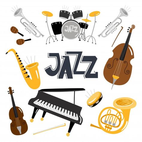 Jazz musical instruments. Premium Vector | Premium Vector #Freepik #vector #vintage #music #cartoon #festival Music Instruments Wallpaper, Instruments Wallpaper, Jazz Music Art, Music Abstract, Jazz Instruments, Music Clipart, Piano Jazz, Wooden Flute, Hello Sticker