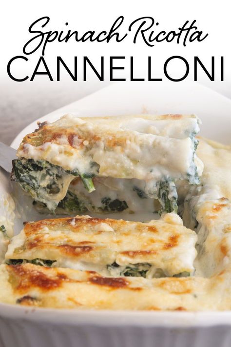 This delicious Spinach Ricotta Cannelloni baked in a simple white sauce and grated Parmigiano is the perfect special occasion or just because baked pasta dish. The perfect main dish for family or get togethers. Ready in less than an hour! Simple White Sauce, Caneloni Recipe, White Sauce Lasagna, Spinach Cannelloni, Cannelloni Recipe, Spinach Manicotti, Ricotta Cannelloni, Cannelloni Pasta, Cannelloni Recipes