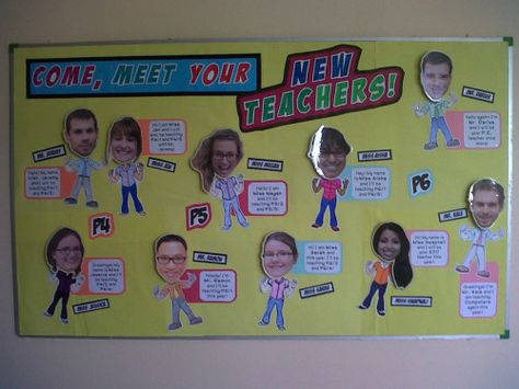 Meet Your New Teachers.    everydayramny:      I made a bulletin board — with head-bobbling action! Get To Know Your Teacher Bulletin Board, Hello Bulletin Board, Staff Photo Board Ideas, Staff Photo Board, Employee Picture Board Ideas, Meet The Staff Bulletin Board Teachers, Meet The Teachers Bulletin Board Ideas, Staff Picture Board, Meet The Staff Bulletin Board Ideas