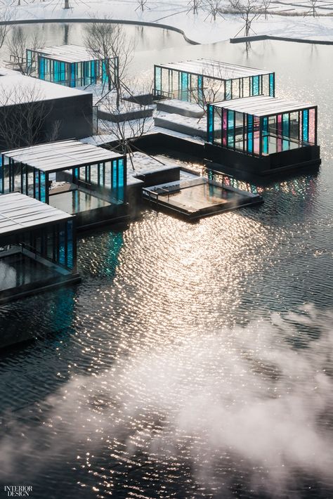 A complex of four buildings totaling 400,000 square feet, the public spaces are unified by a series of glass installations suggesting light and water. Water Pavilion, Water Architecture, Floating Architecture, Pavilion Architecture, Public Space Design, Plans Architecture, Architecture Concept Drawings, Hotel Architecture, Zhengzhou