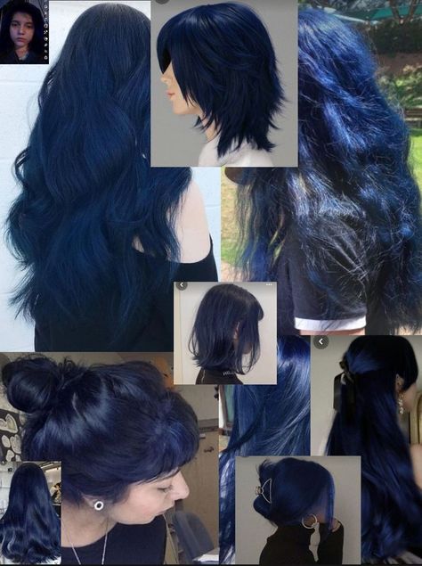 Deep Blue Dyed Hair, Black Blue Hair Color Short, Deep Navy Blue Hair, Deep Blue Hair Dye, Black Hair With Navy Blue Highlights, Blue And Black Hair With Bangs, Blue Hair Ideas For Black Hair, Creative Hairstyles Easy, Blue Under Black Hair