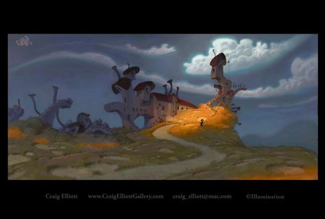 Lorax Onceler's house design, Craig Elliott on ArtStation at https://www.artstation.com/artwork/bvykE Forest Concept Art, Composition Reference, Forest Concept, Illumination Entertainment, Illustration Reference, Environment Painting, Color Composition, American Illustration, Art Village