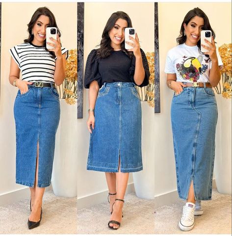 Midi Skirt Outfit Ideas, Street Fashion Inspiration, Modest Street Fashion, Modest Christian Clothing, A Line Skirt Outfits, Jean Skirt Fashion, Cute Church Outfits, Modest Winter Outfits, Denim Diy Clothes