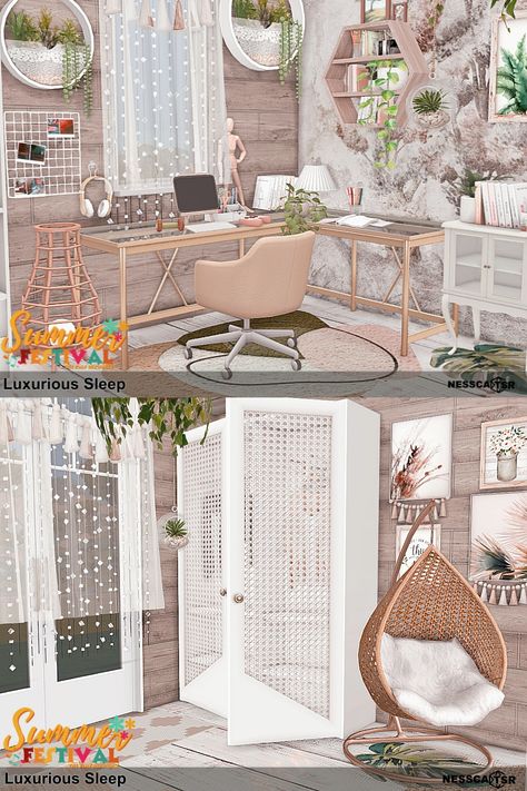 ROOM with CC ▶️ Luxurious Sleep is a bedroom made especially for the Summer Festival collection for TSR.✨Have fun!✅BASE GAME + CC from TSR ✌️Click on the post and download✔️ THX❤️  #ts4builds #sims4 #sims4builds #sims4home #sims4builds #sims4buildsideas #ShowUsYourBuilds #thesims4 #Sims4 #sims4game #ts4 #sims4houses #sims4cc #sims4interior #ts4cc #thesims4 #ts4house #simshousedesign #sims4rooms #simsbuilds #simsbuild #sims4cc #ccfinds #s4 #s4cc Sims 4 Cc Bed Comforter, Sims 4 Cc Boho Furniture, Sims4 Ideas, Sims Rooms, Lake House Furniture, Sims 4 Tsr, Sims 4 Bedroom, Safari Decorations, Boho Chair