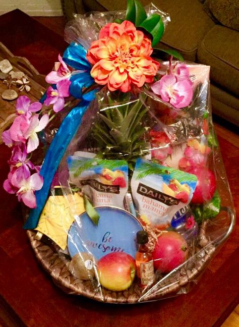 Hawaiian gift basket Tropical Gift Basket, Host Gift Basket, Bar Gift Basket, Hawaiian Gifts, Tropical Gifts, Host Gifts, Gift Basket Ideas, Basket Ideas, Tiki Bar