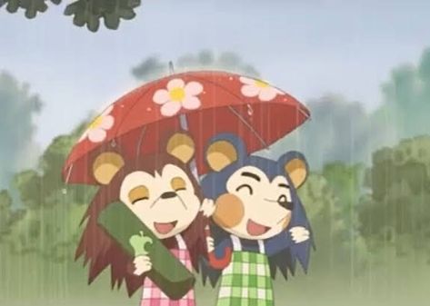 mabel and sable from dōbutsu no mori happily standing together in the rain, underneath umbrellas Angry Coconut Acnh, Mabel Animal Crossing, Animal Crossing Matching Pfp, Sable Animal Crossing, Able Sisters Animal Crossing, The Able Sisters, Animal Crossing Movie, Animal Crossing Cafe, Able Sisters