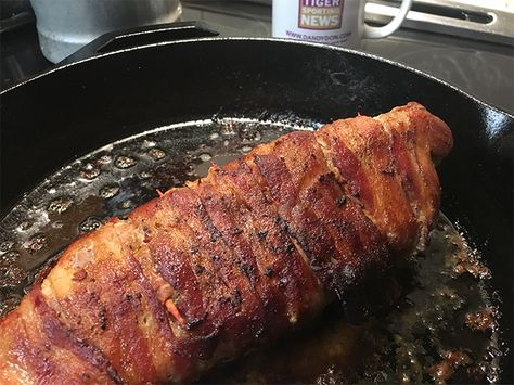 Bacon-wrapped, Boudin and Cream Cheese-stuffed, Pork Tenderloin - Dandy Don’s LSU Sporting News Recipes With Boudin, Boudin Stuffed Pork Loin, How To Cook Boudin, Stuffed Tenderloin, Boudain Recipes, Bacon Wrapped Pork Loin, Boudin Sausage, Rice And Gravy, Pork Meals