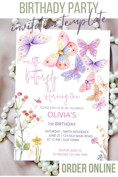 Little butterfly meadow wildflowers birthday party invitation First Birthday Girls, Meadow Wildflowers, Butterfly Tea Party, Wildflower Birthday Party, Watercolor Meadow, Butterfly Invitation, Butterflies Pink, Butterfly Invitations, Butterfly Meadow