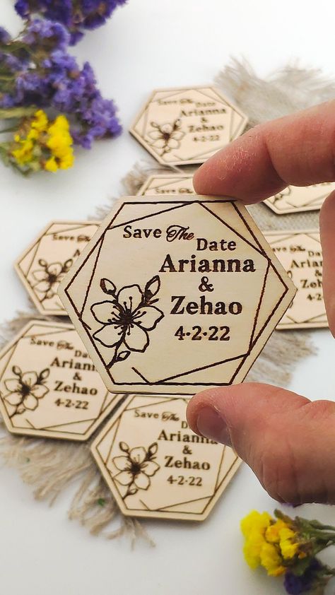 Wedding save the date Save The Dates Diy, Laser Wedding, Magnet Save The Date, Wedding Sign Decor, Rustic Farm Wedding, Unique Save The Dates, Wedding Giveaways, Laser Engraved Ideas, Wooden Magnets