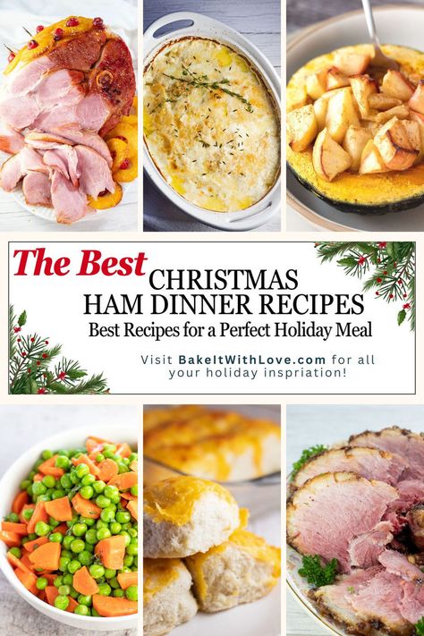 Six images showing holiday ham recipes and tasty side dishes that pair well for Christmas dinner. Recipes Using Cubed Ham, Best Christmas Ham Recipe, What Goes Good With Ham, Traditional Easter Dinner Menu Ideas, Ham Dinner Menu Ideas, Christmas Ham Dinner Menu Ideas, Sides For Ham Dinner, Christmas Dinner Ham, Small Christmas Dinner Ideas